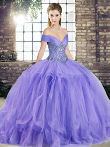 Fitting Off The Shoulder Sleeveless Tulle Quinceanera Dress Beading and Ruffles Lace Up
