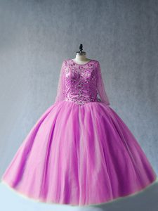 Fantastic Lilac Lace Up Scoop Beading 15 Quinceanera Dress Tulle Long Sleeves