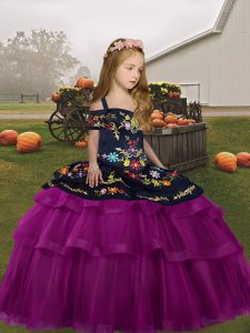 Classical Fuchsia Lace Up Girls Pageant Dresses Embroidery Long Sleeves Floor Length