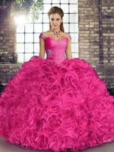  Hot Pink Sleeveless Organza Lace Up Sweet 16 Quinceanera Dress for Military Ball and Sweet 16 and Quinceanera