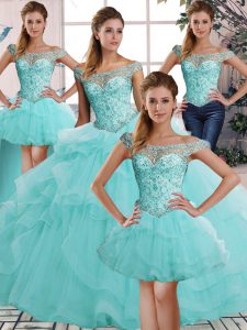 Super Aqua Blue Ball Gowns Tulle Off The Shoulder Sleeveless Beading and Ruffles Floor Length Lace Up Quinceanera Dress