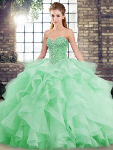Cheap Sweetheart Sleeveless Tulle Quince Ball Gowns Beading and Ruffles Brush Train Lace Up