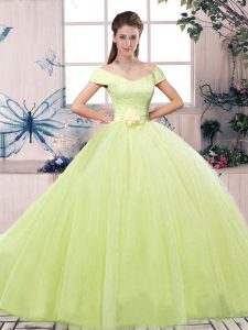  Yellow Green Short Sleeves Tulle Lace Up 15th Birthday Dress for Military Ball and Sweet 16 and Quinceanera