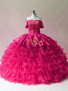Chic Fuchsia Ball Gowns Organza Off The Shoulder Sleeveless Embroidery and Ruffled Layers Floor Length Lace Up Sweet 16 Quinceanera Dress