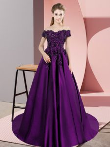  Eggplant Purple Sleeveless Appliques Zipper Quince Ball Gowns