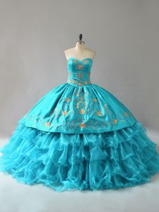  Aqua Blue Sleeveless Organza Lace Up Quinceanera Dress for Sweet 16 and Quinceanera