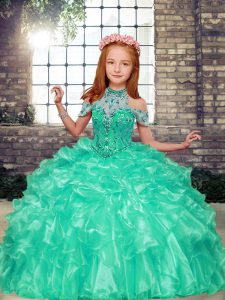 Fantastic Apple Green Organza Lace Up Pageant Gowns For Girls Sleeveless Floor Length Beading and Ruffles