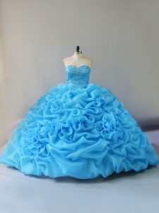  Baby Blue Ball Gowns Sweetheart Sleeveless Organza Court Train Lace Up Beading and Pick Ups and Hand Made Flower 15th Birthday Dress
