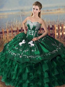 Colorful Green Sweetheart Neckline Embroidery and Ruffles Quinceanera Gown Sleeveless Lace Up