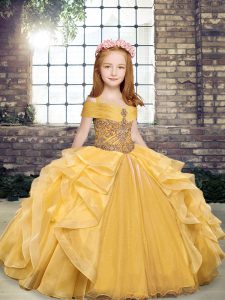 Customized Gold Off The Shoulder Neckline Beading and Ruffles Little Girls Pageant Dress Wholesale Sleeveless Lace Up