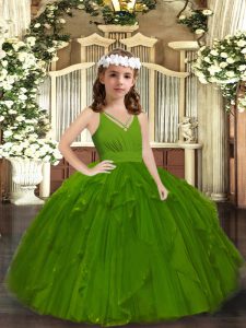 New Arrival Floor Length Zipper Little Girls Pageant Gowns Olive Green for Party and Wedding Party with Ruffles