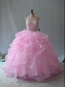 Affordable Pink Sleeveless Organza Backless Sweet 16 Dresses for Sweet 16 and Quinceanera