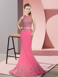  Rose Pink Satin Zipper Prom Evening Gown Sleeveless Sweep Train Beading and Appliques