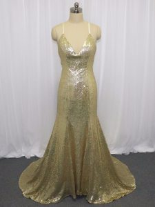  Champagne Sleeveless Sequined Brush Train Criss Cross Prom Dress for Prom and Party and Military Ball