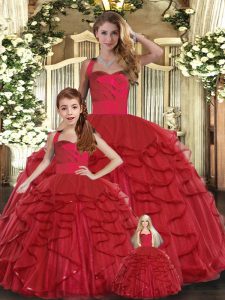  Ball Gowns Sweet 16 Dress Red Straps Tulle Sleeveless Floor Length Lace Up