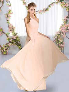 Glorious Peach Empire One Shoulder Sleeveless Chiffon Floor Length Lace Up Ruching Quinceanera Court Dresses