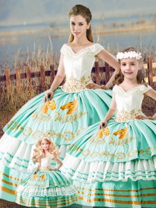 Cute Sleeveless Floor Length Embroidery and Ruffled Layers Lace Up 15 Quinceanera Dress with Apple Green
