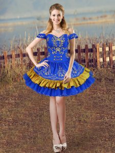 Lovely Royal Blue Lace Up Embroidery Sleeveless Mini Length