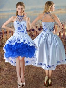 Flirting Blue And White Lace Up Prom Party Dress Embroidery and Ruffles Sleeveless