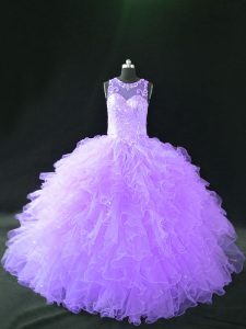 Deluxe Floor Length Lavender Quinceanera Gowns Organza Sleeveless Beading and Ruffles