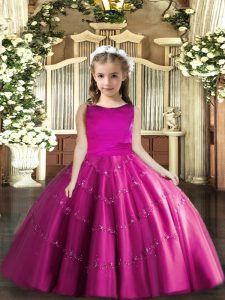  Floor Length Fuchsia Little Girl Pageant Dress Scoop Sleeveless Lace Up