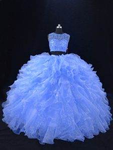  Blue Two Pieces Scoop Sleeveless Organza Floor Length Zipper Beading and Ruffles Quinceanera Gown