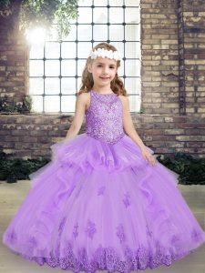 Top Selling Lavender Scoop Neckline Lace and Appliques Kids Formal Wear Sleeveless Lace Up