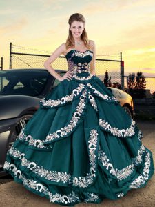  Satin Sweetheart Sleeveless Lace Up Embroidery and Ruffled Layers Quinceanera Gowns in Teal 