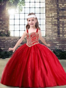  Sleeveless Tulle Floor Length Lace Up Little Girl Pageant Dress in Red with Beading