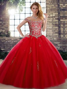 Cheap Red Sleeveless Beading Floor Length Ball Gown Prom Dress