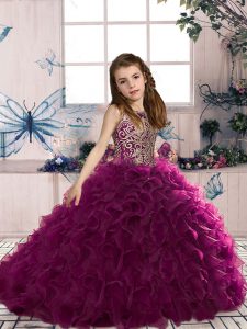  Fuchsia Ball Gowns Beading and Ruffles Little Girl Pageant Gowns Lace Up Organza Sleeveless Floor Length
