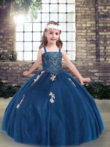 Sweet Floor Length Blue Kids Pageant Dress Straps Sleeveless Lace Up