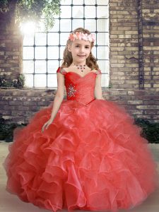  Red Lace Up Pageant Gowns For Girls Beading Sleeveless Floor Length