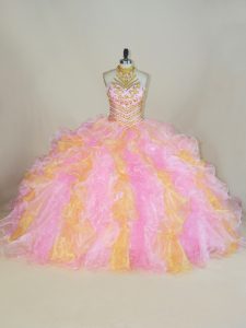  Halter Top Sleeveless Sweet 16 Dress Floor Length Beading and Ruffles Multi-color Organza