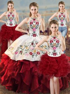  Ball Gowns 15th Birthday Dress White And Red Halter Top Organza Sleeveless Floor Length Lace Up