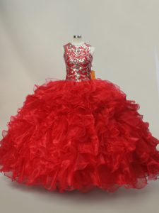 Edgy Scoop Sleeveless Lace Up Quinceanera Gown Red Organza