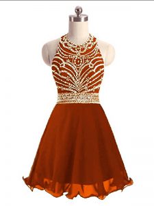 Captivating Rust Red Chiffon Zipper Evening Dress Sleeveless Mini Length Beading