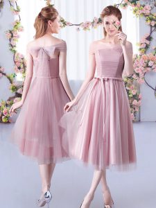  Sleeveless Tea Length Belt Lace Up Court Dresses for Sweet 16 with Pink 