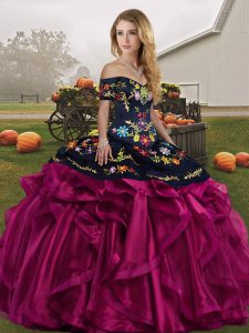 Latest Fuchsia Lace Up Off The Shoulder Embroidery and Ruffles Quinceanera Gowns Organza Sleeveless