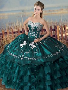 Elegant Floor Length Lace Up 15 Quinceanera Dress Peacock Green for Sweet 16 and Quinceanera with Embroidery and Ruffles
