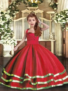 Enchanting Red Lace Up Kids Pageant Dress Ruffled Layers and Ruching Sleeveless Floor Length