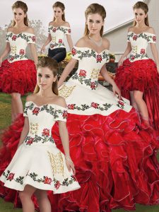 Fantastic Sleeveless Floor Length Embroidery and Ruffles Lace Up Sweet 16 Dress with White And Red 