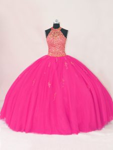  Hot Pink Lace Up Ball Gown Prom Dress Beading and Appliques Sleeveless Floor Length