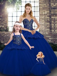  Royal Blue Ball Gowns Beading and Appliques Vestidos de Quinceanera Lace Up Tulle Sleeveless Floor Length