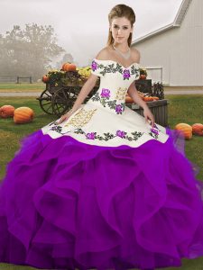  Floor Length Lace Up Quince Ball Gowns White And Purple for Military Ball and Sweet 16 and Quinceanera with Embroidery and Ruffles