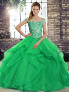  Green Sleeveless Beading and Ruffles Lace Up Quinceanera Dresses
