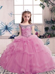  Lilac Ball Gowns Beading Little Girl Pageant Gowns Lace Up Tulle Sleeveless Floor Length
