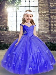  Blue Ball Gowns Tulle Straps Sleeveless Beading and Hand Made Flower Floor Length Lace Up Pageant Gowns For Girls