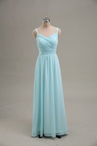 Luxurious Floor Length Blue Prom Evening Gown Chiffon Sleeveless Ruching
