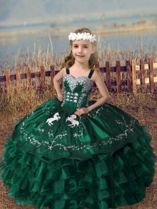  Dark Green Organza Lace Up Straps Sleeveless Floor Length Little Girls Pageant Dress Embroidery and Ruffled Layers